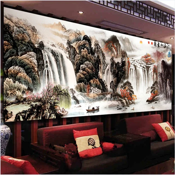 

Handmade Cross Stitch Landscape Painting Large Size Living Room Wealth Generating Water Flow Mountain Scenery Embroidery Kit