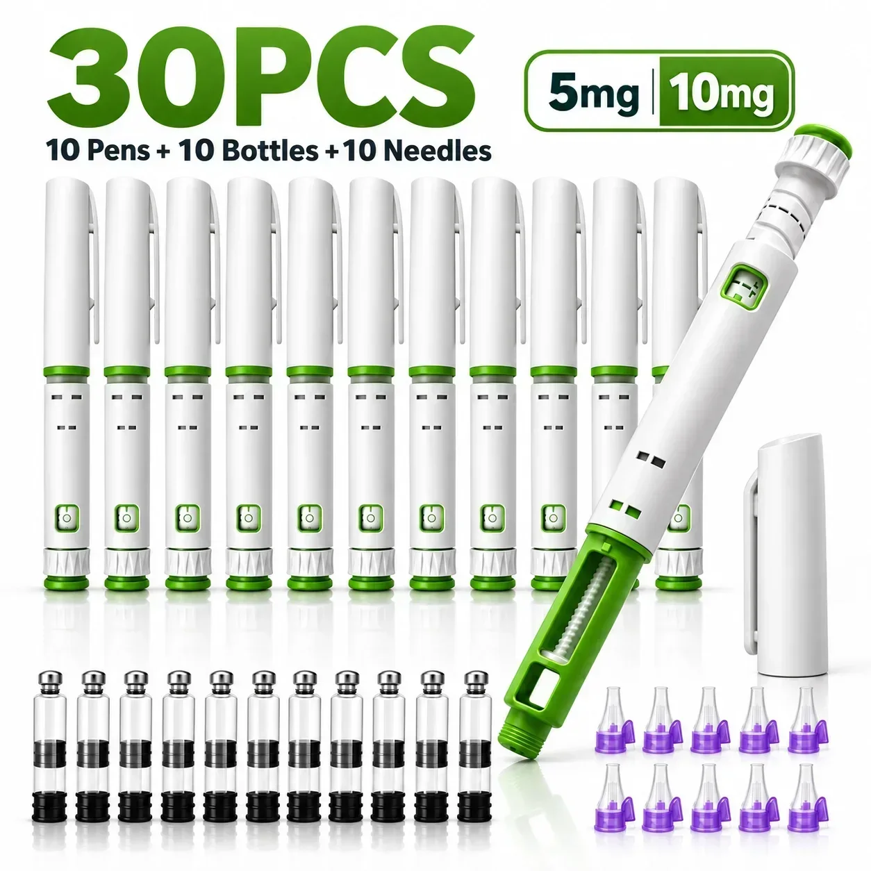 30PCS Green Disposable Insulin Injection Pen Kit 5mg 10mg Adjustable Dose Injector, 10 Pens 10 Bottles 10 Needles Precise Dosing
