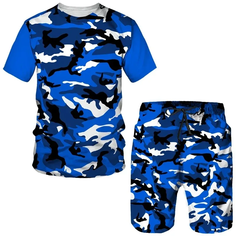 2025 3D Camouflage Printed Casual Round Neck Sports Suit Summer Men's Short Sleeved Shorts Clothing Street T-shirt Two-piece Set