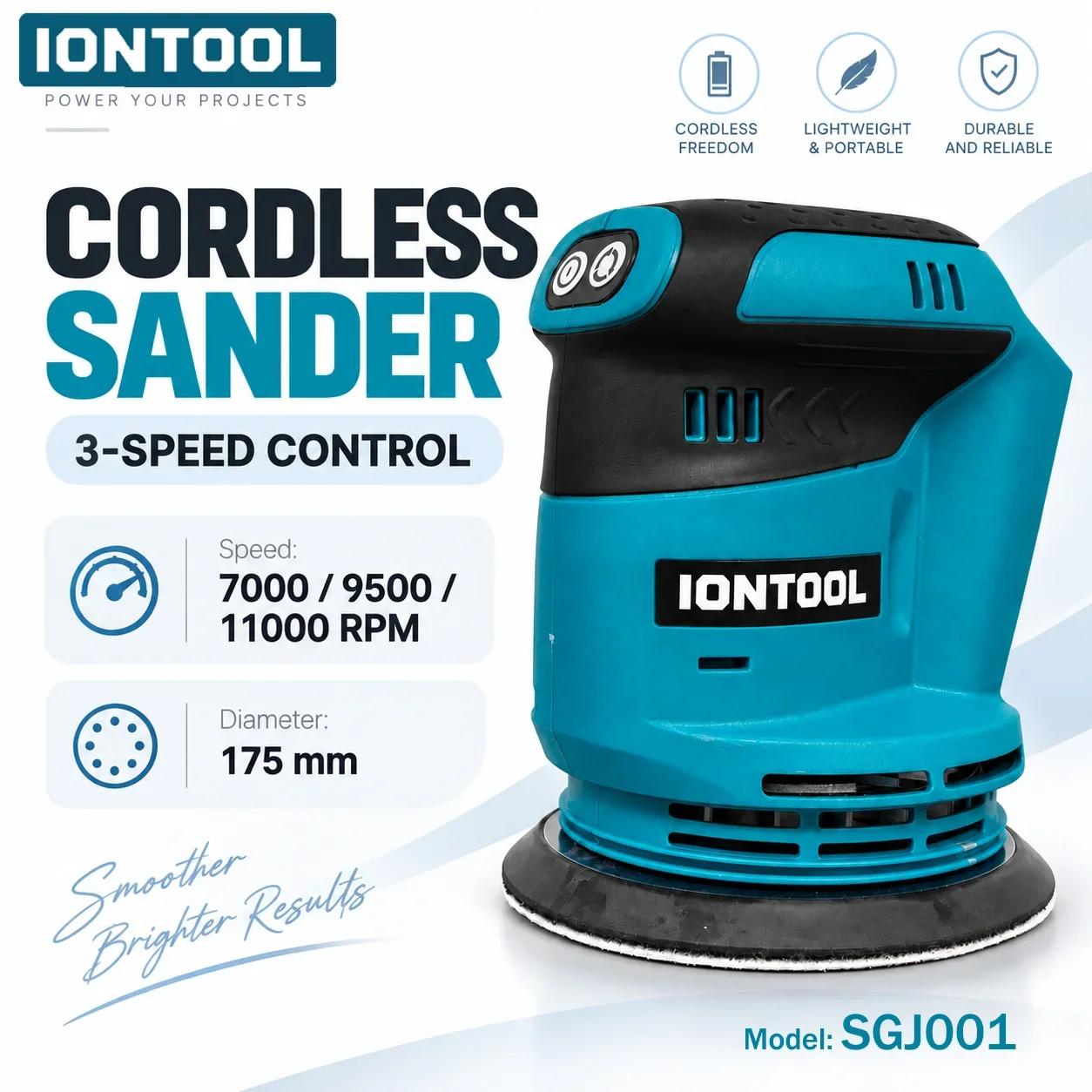 IONTOOL 175mm Ultra Lightweight Variable Speed Sander for Woodworking Fine Detail Sanding DIY Home Use Bare Unit