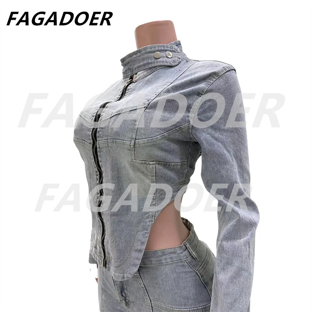 FAGADOER Sexy Denim 2 Piece Set Outfit Retro Y2k Streetwear Zip Stretchy Slim Jackets and Jeans Pant Sets Autumn New Clothing