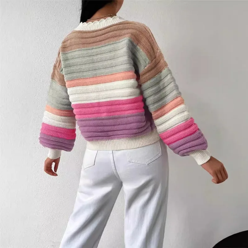 Knitted Cardigan Temperament 2024 Autumn/Winter Color Blocked Sweater Jacket Women's Rainbow Striped Lantern Sleeve Knit Coat