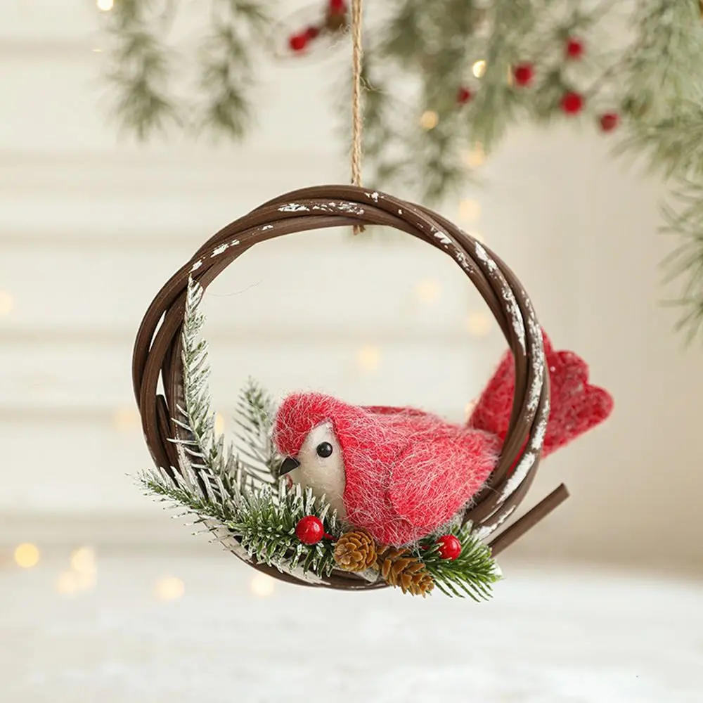 Red Christmas Bird Rudolf Doll Pendant Handmade Exquisite Vine Bird Bells Pendant Knitted Christmas Tree Hanging Bells