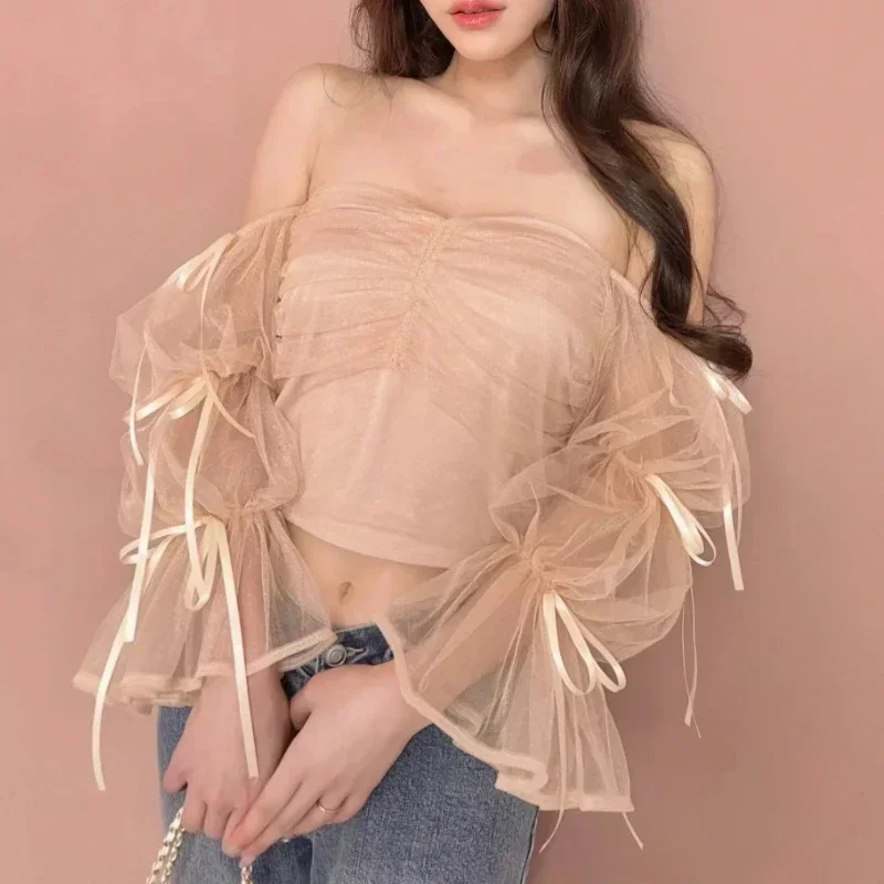 Off Shoulder Long Sleeve Blusas Lace-up Bow Shirts & Blouses Slash Neck Camisas Japanese Ropa Mujer Spring Summer 2024 Tops