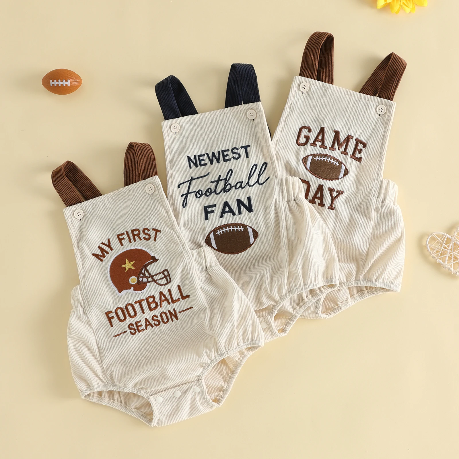 Baby Boy Fall Corduroy Football Bodysuits Letter Embroidered Ribbed Sleeveless Jumpsuit Outfits
