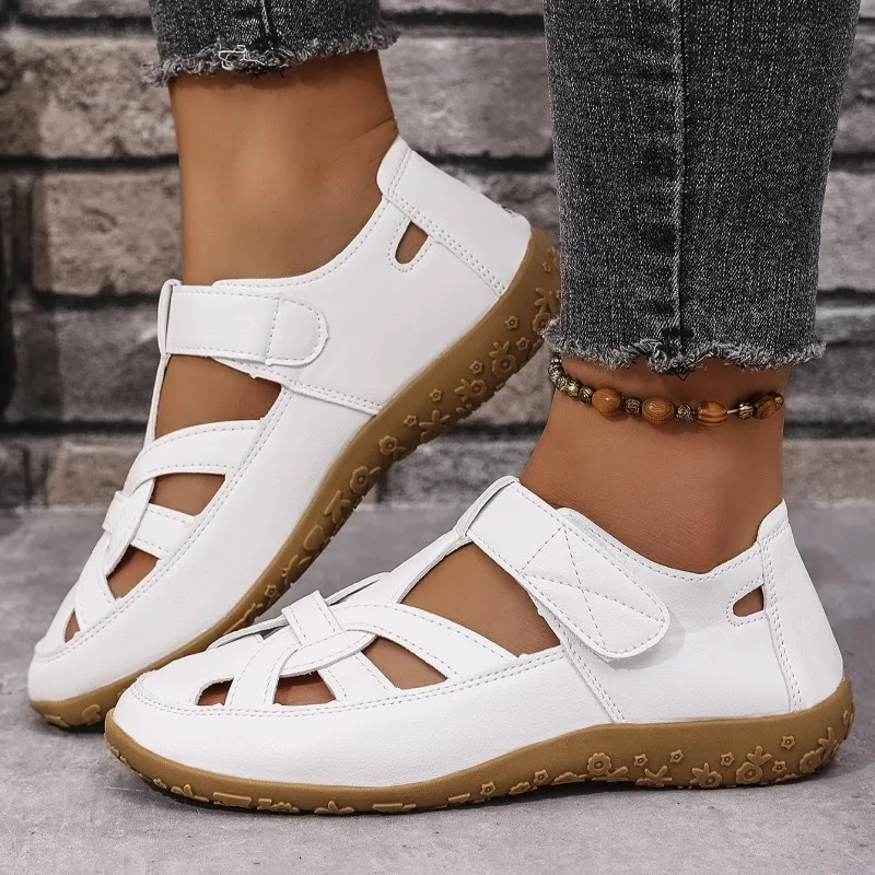 

Women's Sandals Summer Fashion Leisure Baotou Round Head Low Heel Hook and Loop Sandals Flat Sandals with Solid Color Geometry