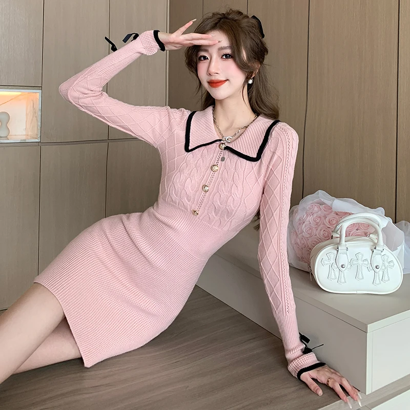 Coigarsam Women Dress Spring 2024 New Knitted Gray Black Pink Dresses