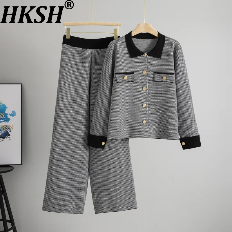 

HKSH Autumn Winter New Women Tide Fashion Office Lady Two-Piece Set Elegant Patchwork Jacket Wide Leg Chic Ins Suit-Pants HK9862