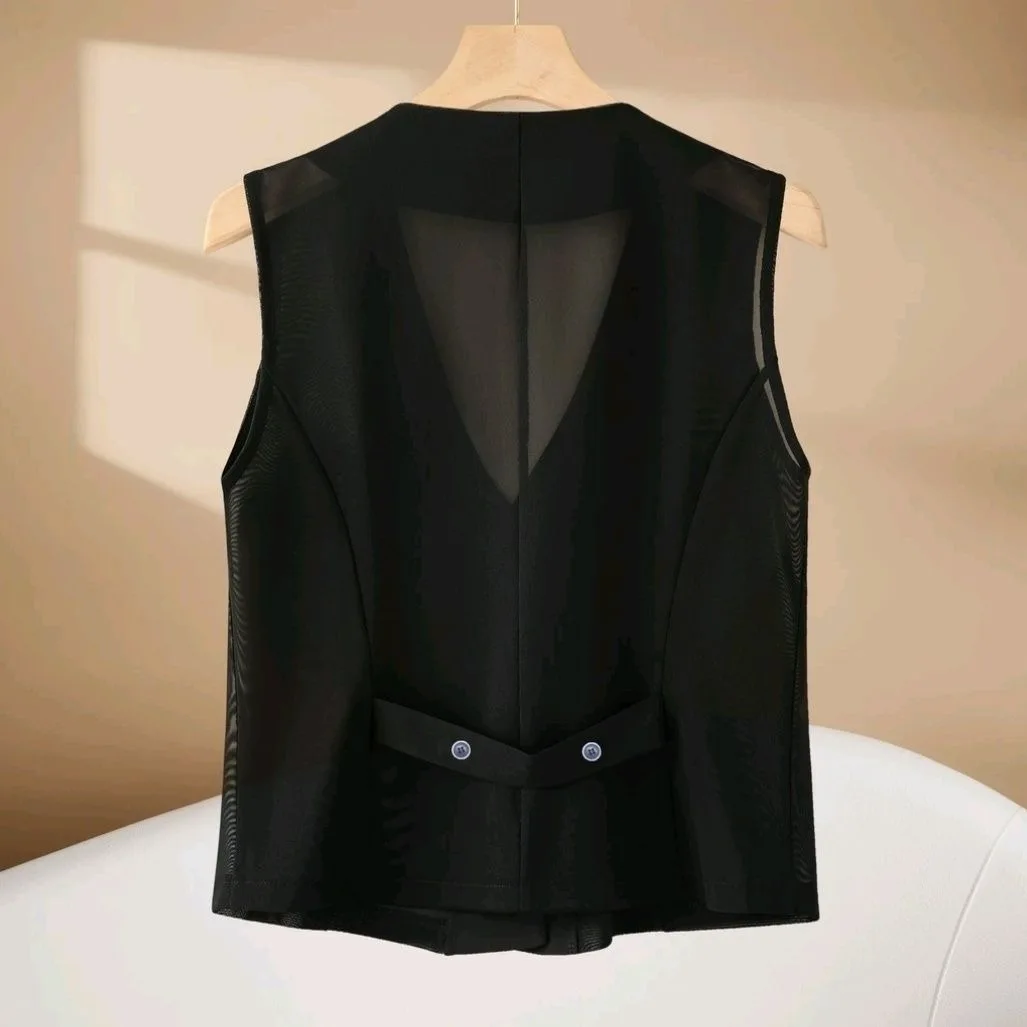 Women's Summer Thin See Through Black Mesh Vest Button-Up V-neck Sleeveless Jacket Cardigan Elegant Transparent Waistcoat Tops