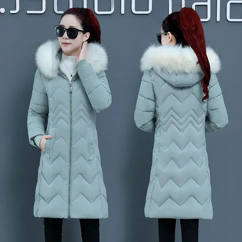 2024 Women\'s Down Parkas Winter Jacket Big Fur Collar Thick Slim Coat Fashion Hooded Cotton Outerwear Female Casual  N157