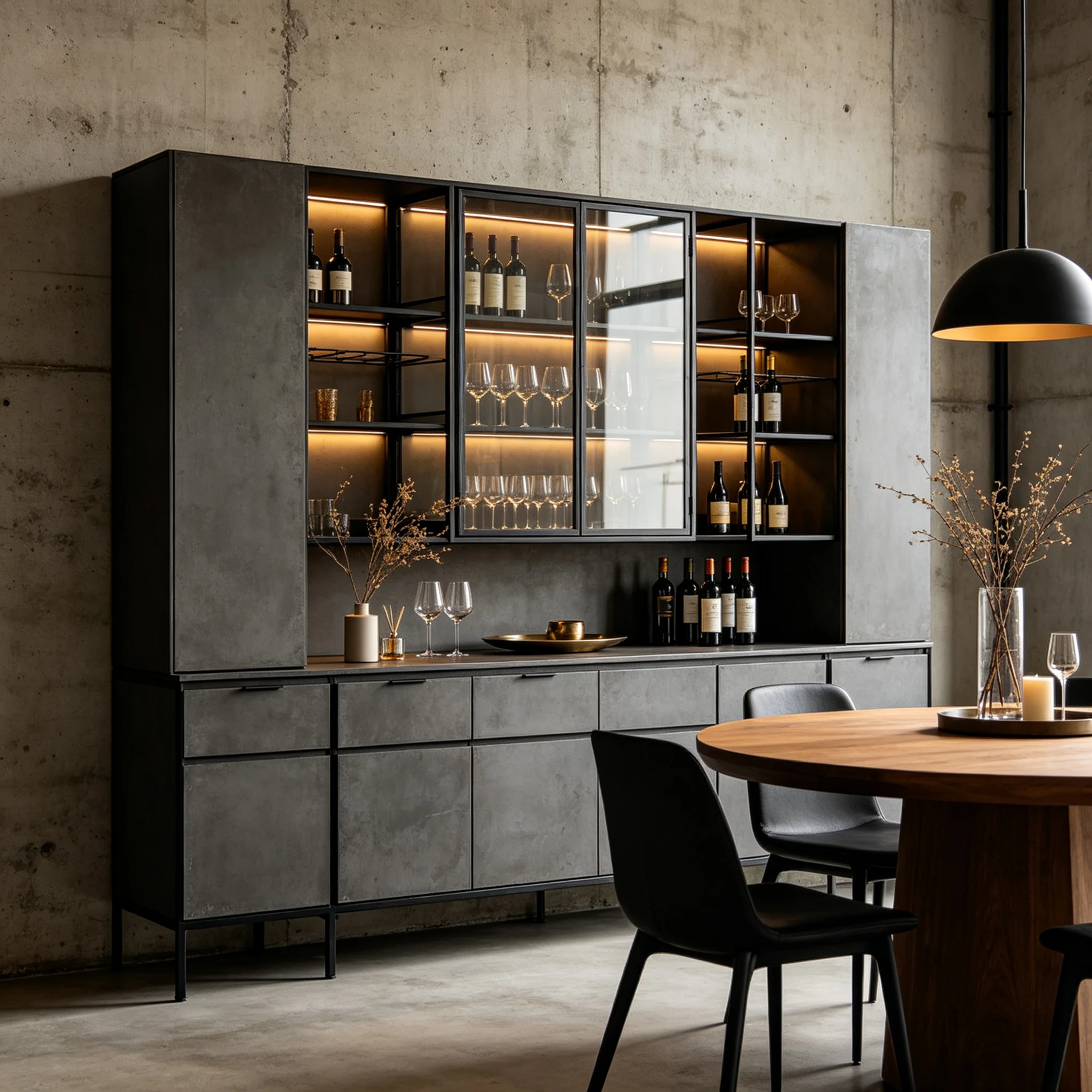 Custom Modern Eco-Friendly Wine Cabinet Glass Doors LED Light Bar Sideboard With Drawers Dark Grey OEM ODM Supported
