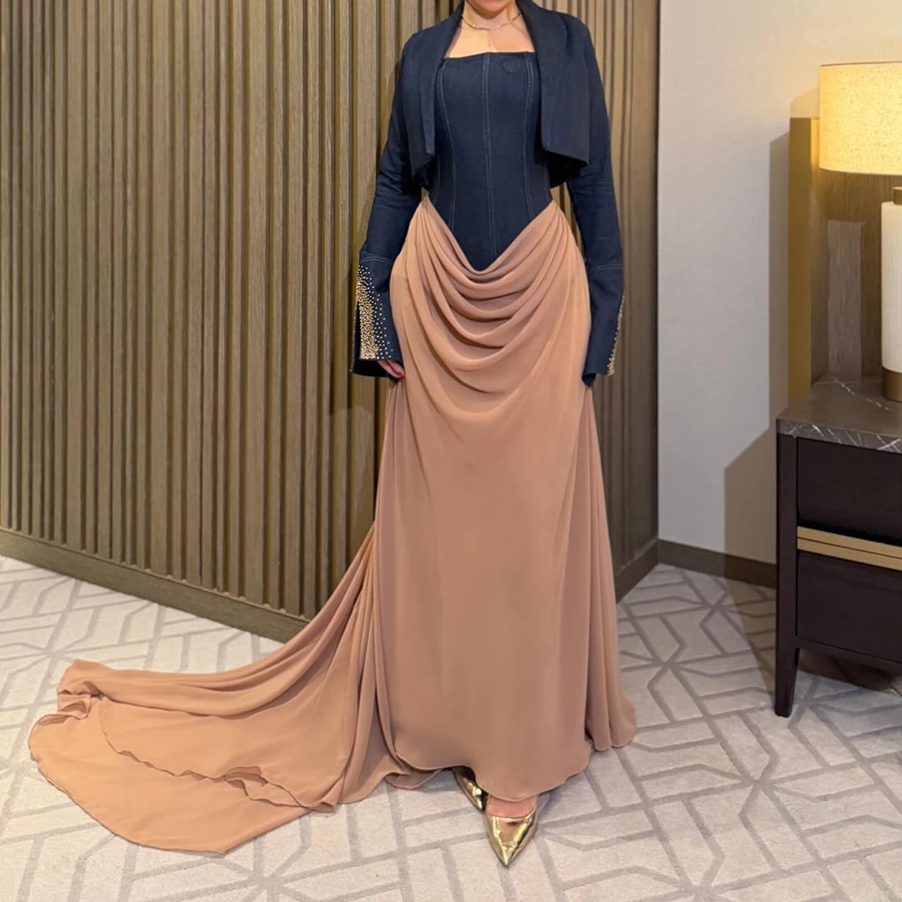 

Women's Mermaid Evening Dresses Floor-length Square Collar Full Sleeve Prom Gown Fashion Crystal Simple Draped Customized Gowns