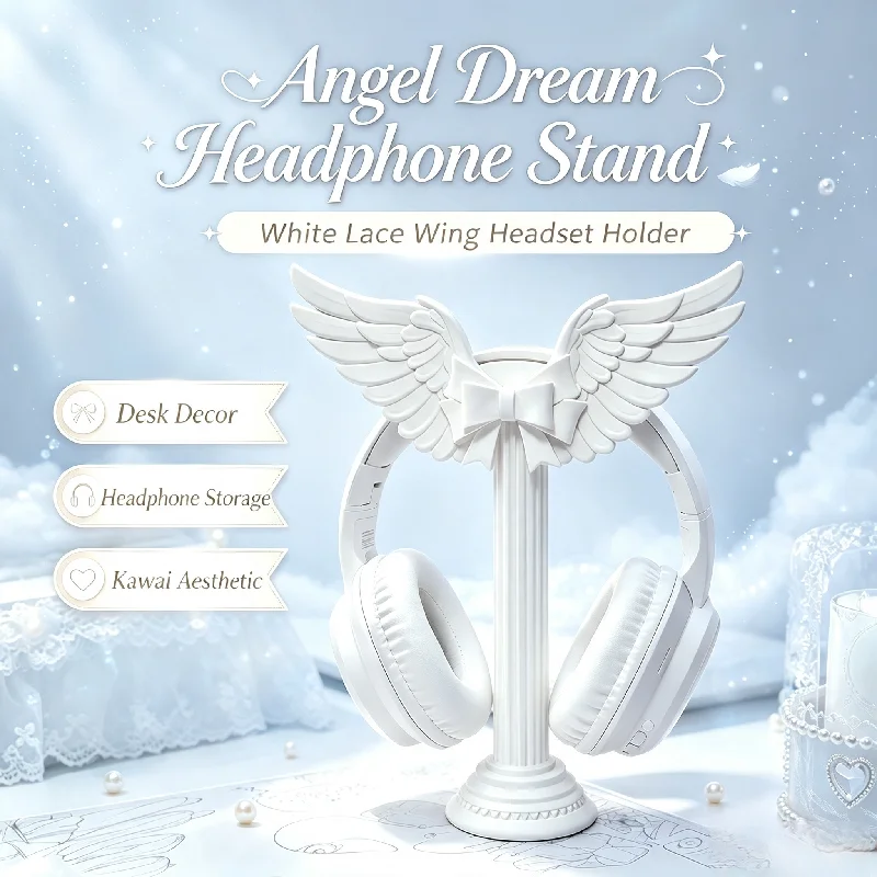 Angel Dream Wing Headphone Stand Roman Column Bow Headset Holder, Kawaii White Desk Decor Earphone Display Rack Gift