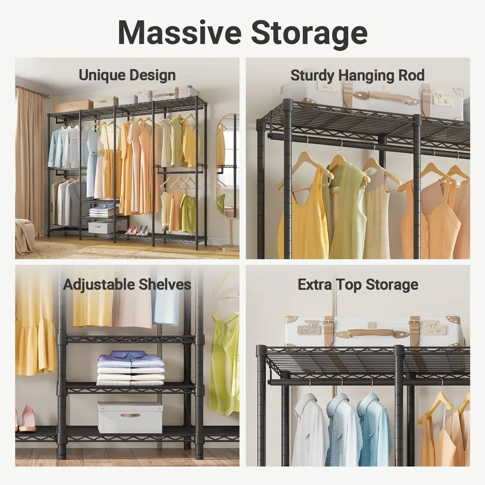 

V40 Heavy Duty Clothes Rack, 1110lbs Capacity Sturdy Metal Garment Rack, Clothing Rack with 6 Shelves amp 4 Hang Rods, Adjustab