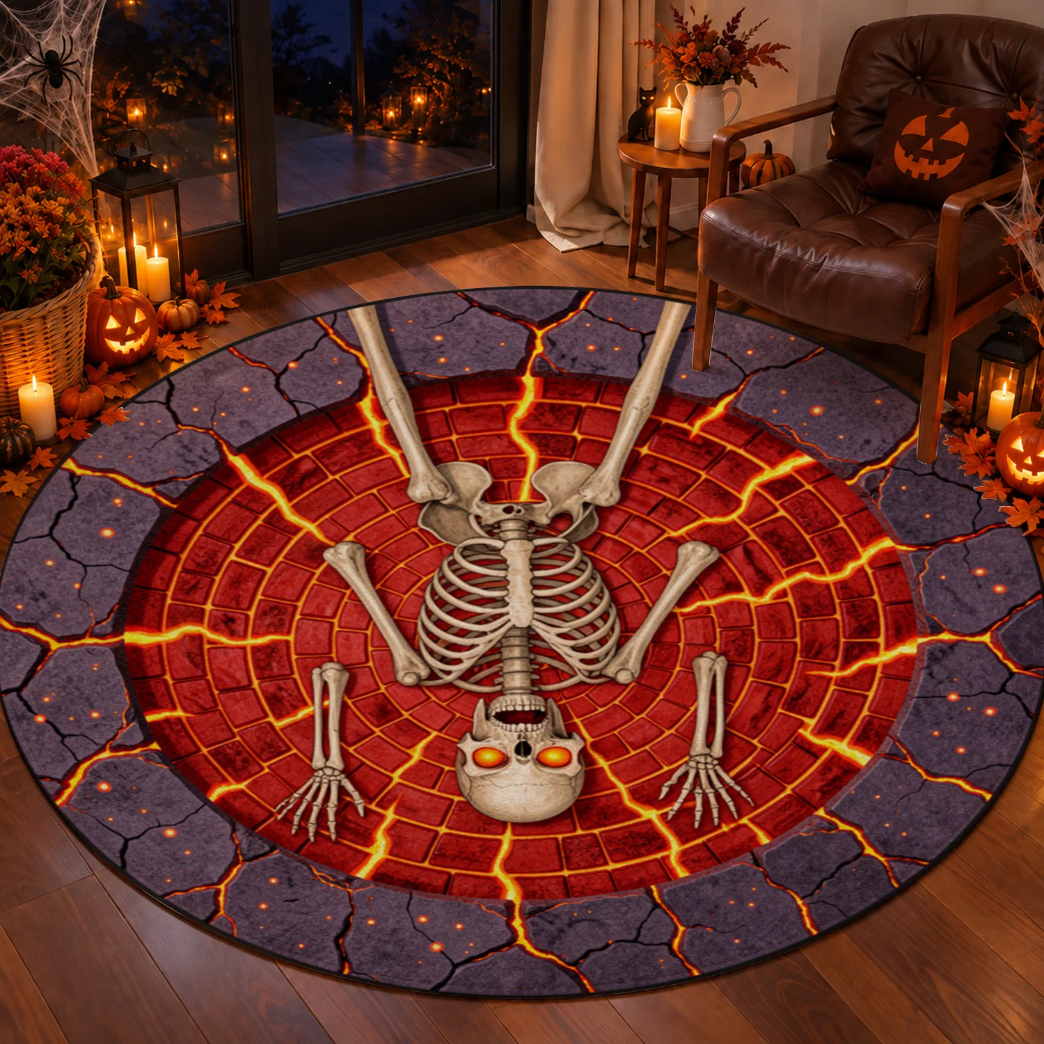 Fiery Skeleton Lava Crack Pattern Round Velvet Rug Machine Washable for Living Room Bedroom Entryway Halloween Thanksgiving Black Friday Christmas New Year