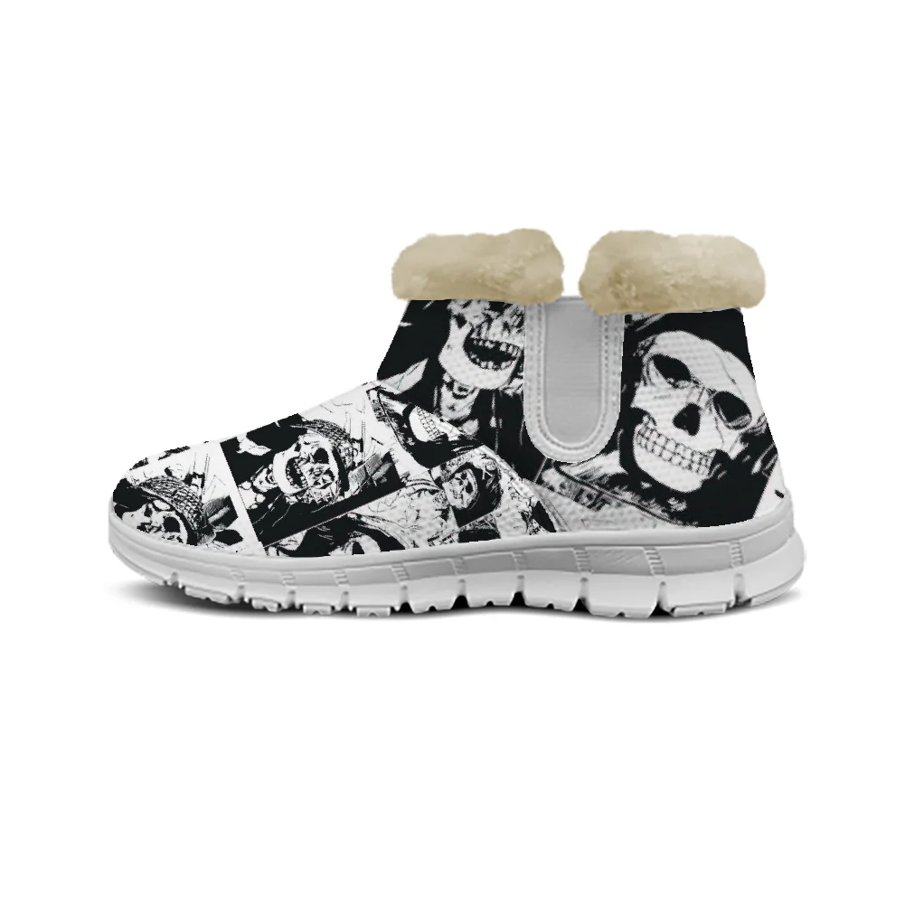 أحذية فرو مطبوعة على شكل جمجمة، جزء علوي شبكي دافئ سميك، حذاء كاحل داخلي خفيف الوزن للرجال والنساء.