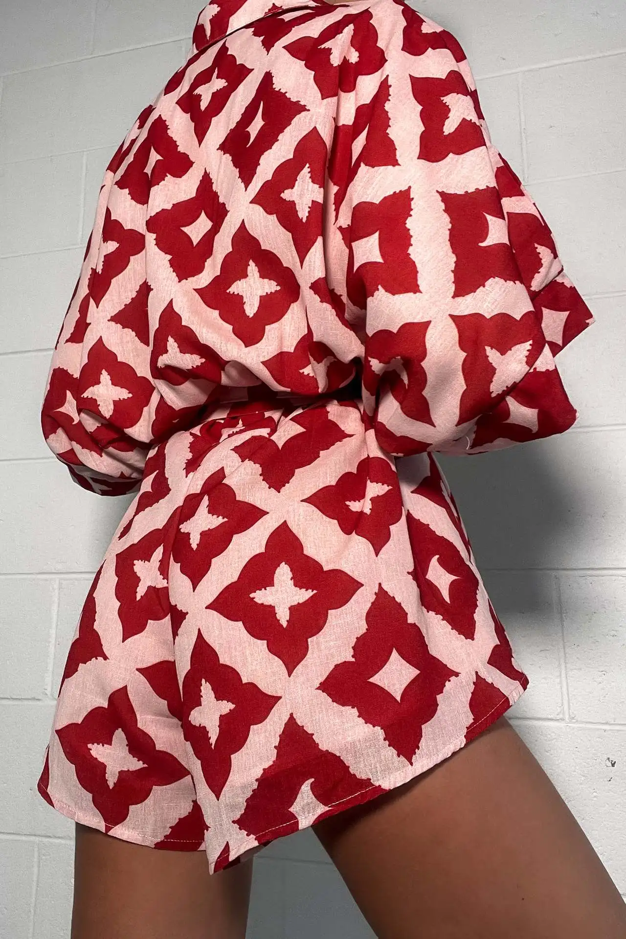 2024 New Autumn Women Loose casual Print Strap Jumpsuit Red Print Bow Tie Turndown Collar Loose Bodysuit Sexy Outfits Streetwear