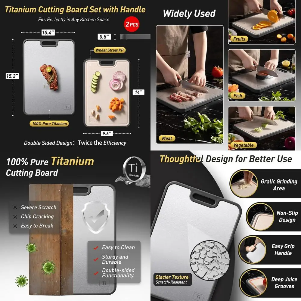 

Dual-Sided Titanium Kitchen Chopping Boards with Handle, Suitable for Large and Small Cutting Needs, Durable Alternative to Stai