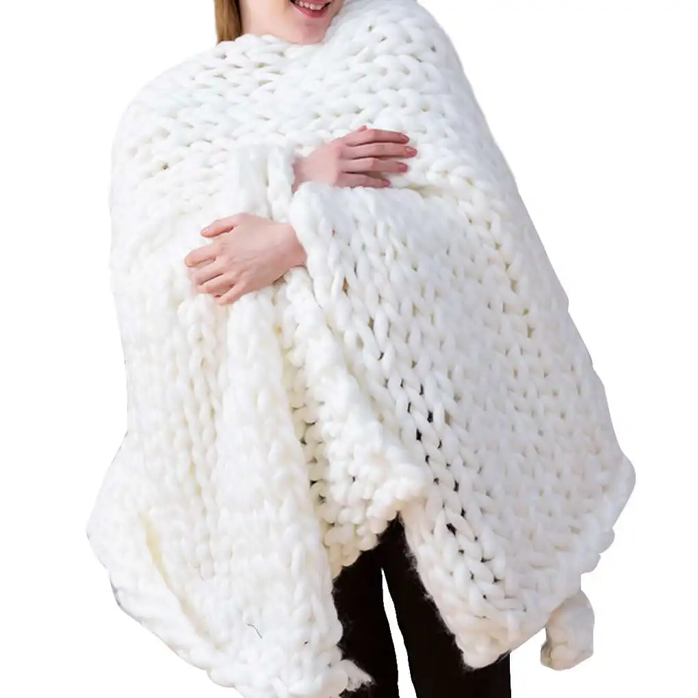 Cashmere-Like Knitted Throw Hand-Woven Large Comfortable Mat Coarse Wool Solid Color Sofa Blanket