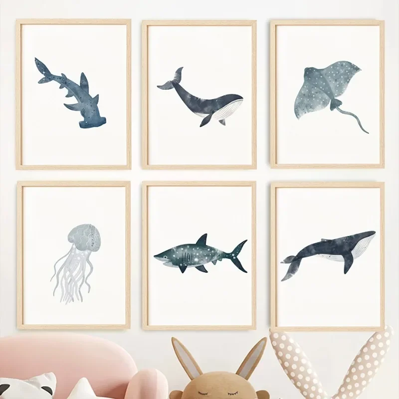 1pc frameless Canvas Painting Sea Animals Watercolor Poster Ocean  Whale Shark Jellyfish Stingray Canvas Painting Wall Art for N