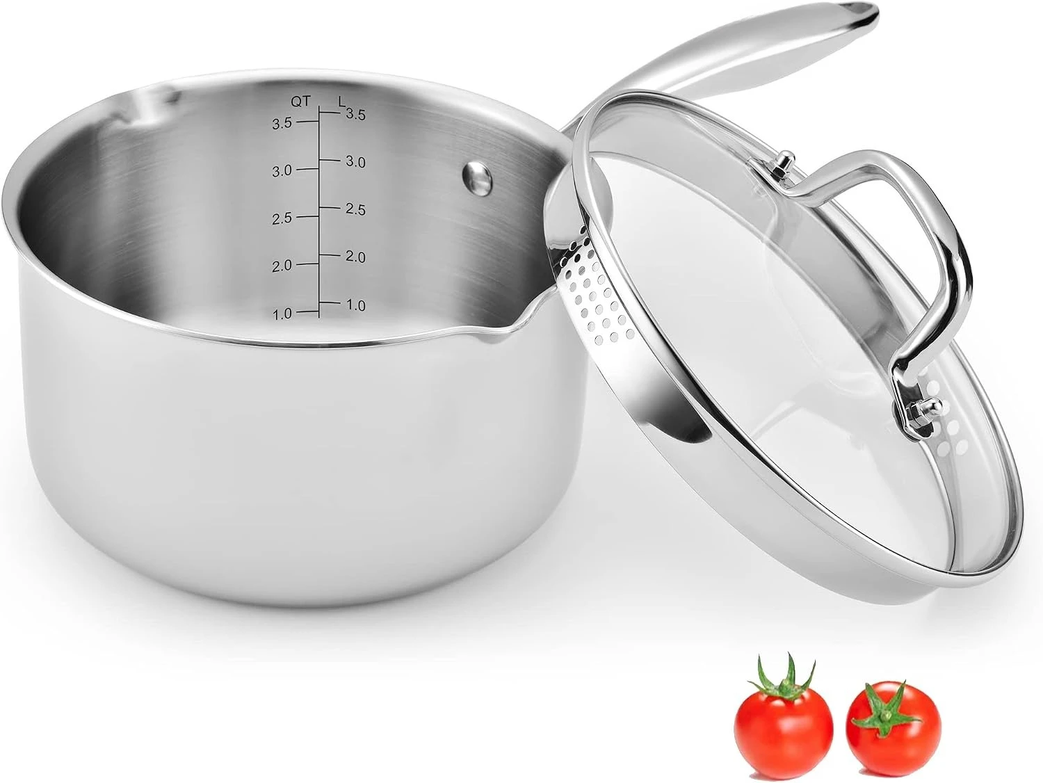 Olla de acero inoxidable de 3.5 cuartos con tapa de cristal y colador, cacerola con dos boquillas laterales, olla para cocinar por inducción, cacerola multiusos con tapa para cocinar (triple capa de cuerpo completo)