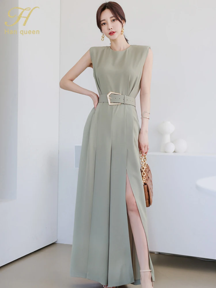 H Han Queen Elegant Summe Business Jumpsuits Women O-Neck Split Wide Leg Trousers Long Playsuits Casual Work Wear Rompers