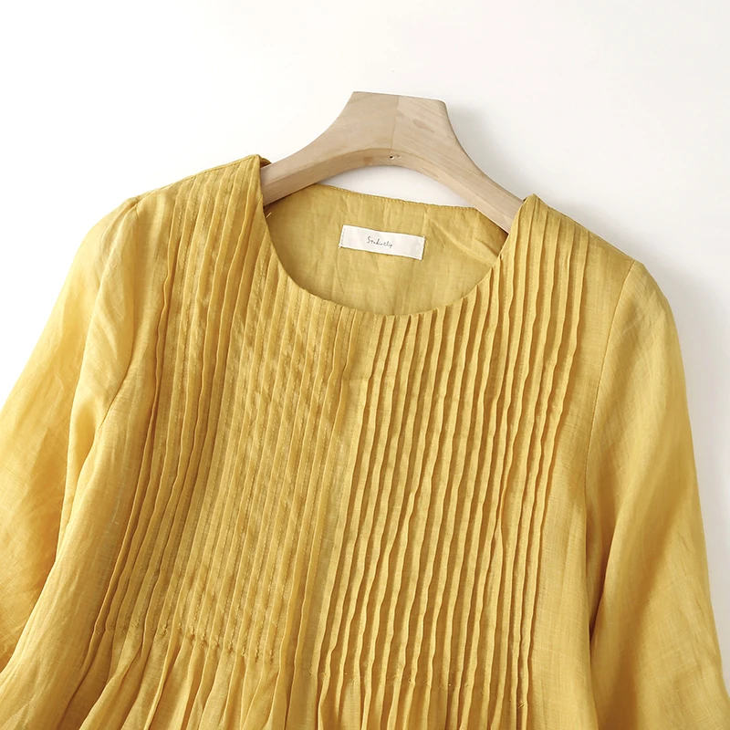 Yellow Cotton Linen Loose Midi Dress Retro Artistic Heavy Embossing Summer New Style Versatile A-Line Dress for Women