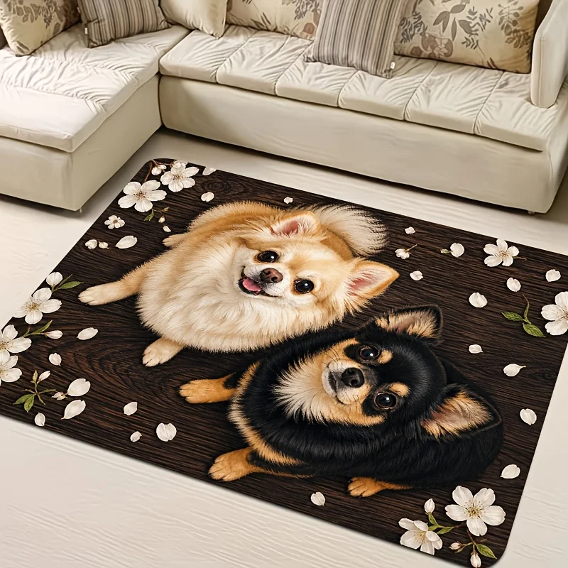 2D‑Printed Chihuahua Cherry Blossom Rug, Decor for Living Room, Entryway, Bedroom, Gatherings, Indoor‑Outdoor Parties