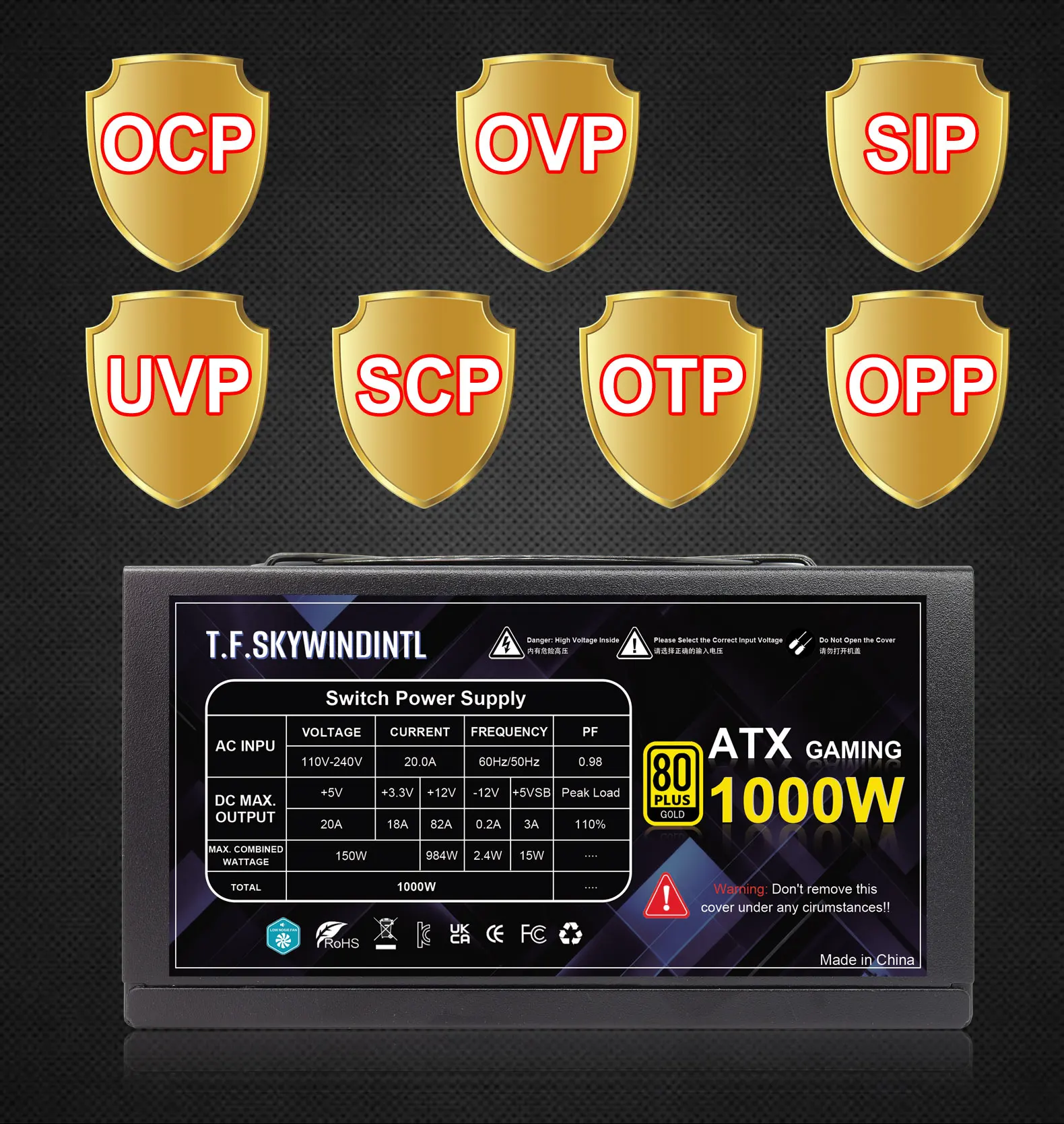 1000W Power Supply 80+ Gold, Full Modular, ATX 3.0 Gaming PSU, 130mm Low Noise Fan, 20+4Pin | 4+4Pin CPU