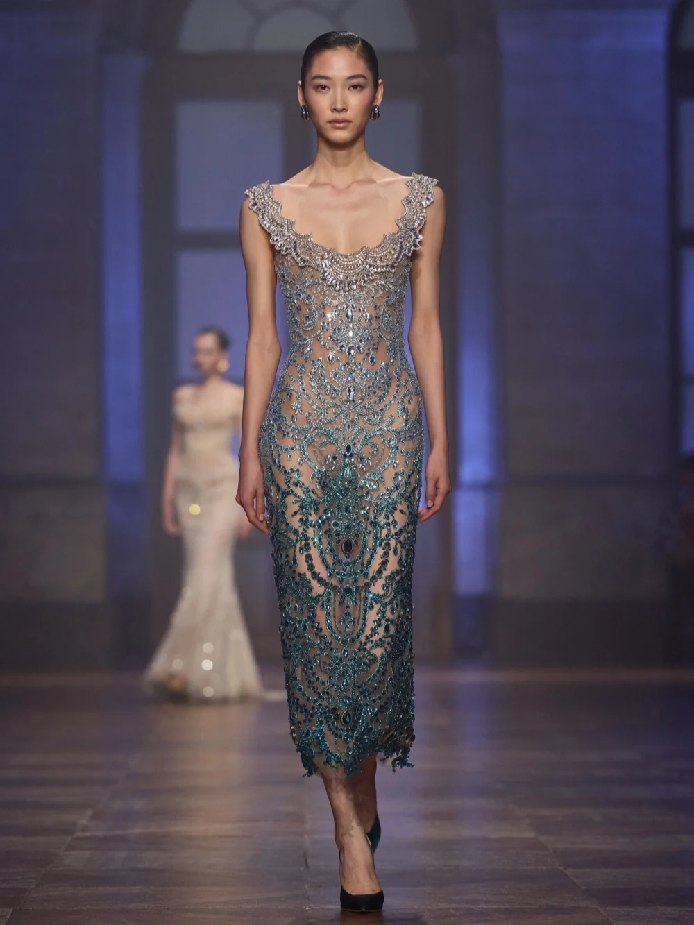 Turquoise Delicate Embroidery Evening Dress Gradient Beads Crystal Red Carpet Gowns Customized Elegant Straight Banquet Gowns