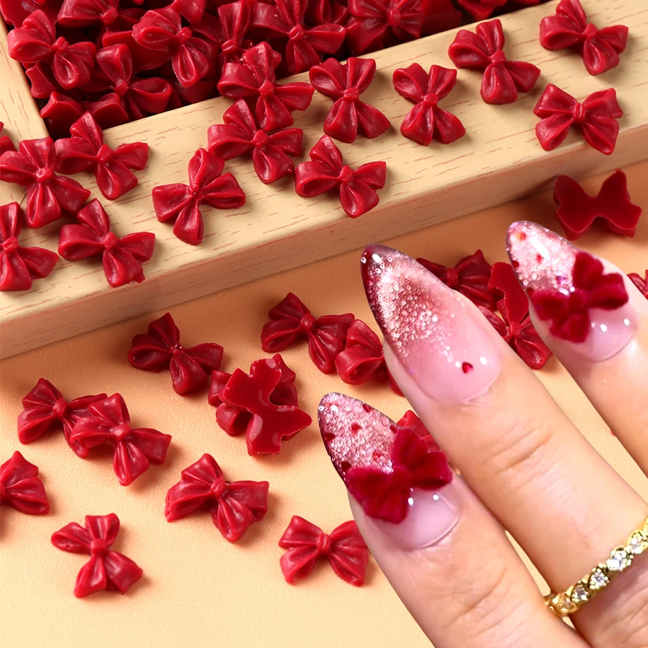 50/100 Stück Rote Schleifen-Nagelcharms Kawaii Knoten-Schleifen Valentinstag-Ornament Schmuck Nagelkunst-Dekorationen Teile Maniküre Nagelzubehör