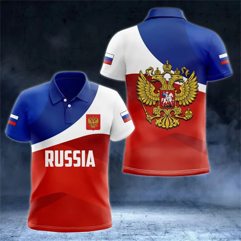 

3D Printed Russian Flag Polo Shirt For Men National Emblem Pattern Tees Summer Casual Oversized Short Sleeve Tops Lapel T-Shirts