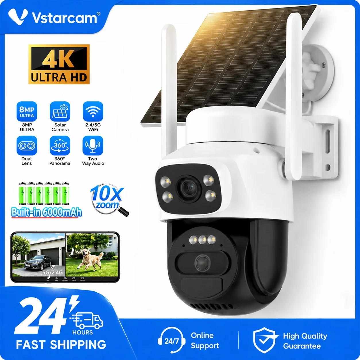 Vstarcam 8MP Dual-Objektiv Solar-WIFI-Sicherheitskameras mit Solarpanels, PIR-Bewegungserkennung, Nachtsicht, Batterie-CCTV-Kamera