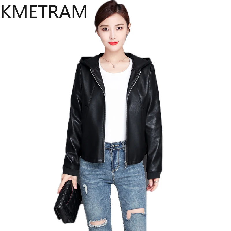  KMETRAM Genuine Sheepskin Leather Jacket Women Spring Autumn Short Women's Clothing Korean Hooded Womens Coat Chamarra Mujer