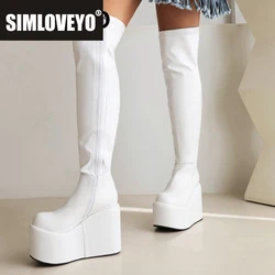 SIMLOVEYO Women Thigh Boots 54cm Round Toe Wedges High Heel 11.5cm Platform Hill 7cm Plus Size 41 42 43 Sexy Party Stretch Booty