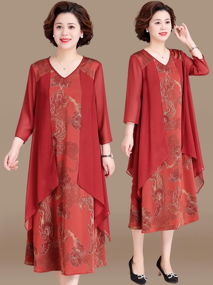 

Ele Red Summer Dr Chiffon Women's Faion Mid-aged And ly Sle V-ne Midi Skirt Korean Sle Polyester Fiber