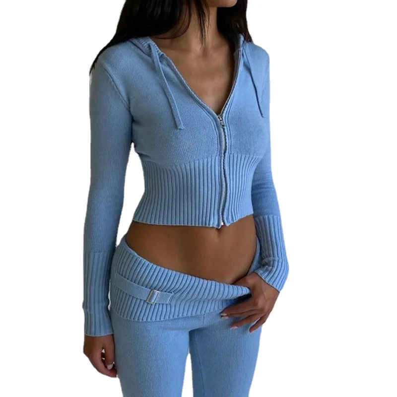 New Zipper Lace-up Hoodies+Pant Sets 2023 Women Slim-fit Solid Cardigan Street Temperament Casual Femme Sweatshirt Suits