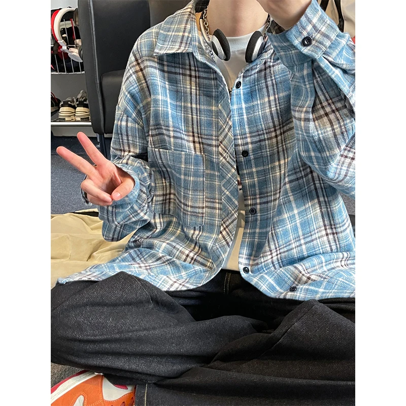 

Мужская удлиненная куртка в синюю клетку, осенне-зимняя, больших размеров (до 300 фунтов), с отложным воротником, трендовая ретро-модель для пар