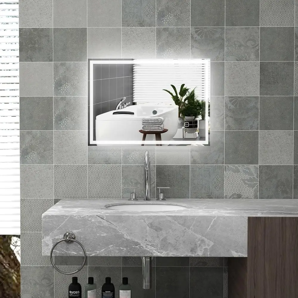 

24 x 32 Wall-Mounted LED Illuminated Vanity Mirror, Dimmable with Memory Touch, Waterproof, Silver