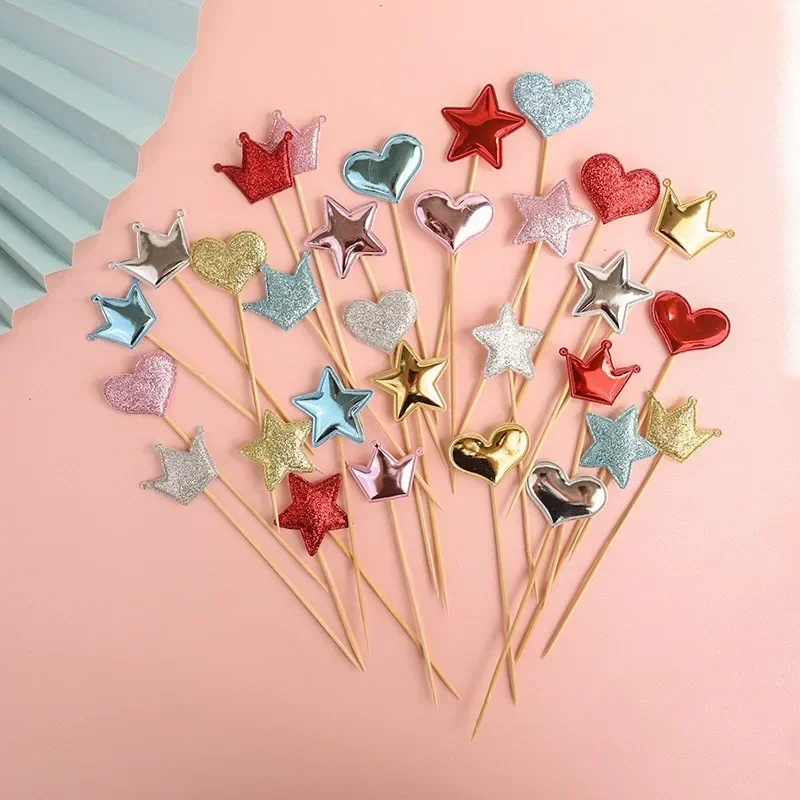 50pcs Star Topper for Cake Colorful Glitter Crown Heart Cake Decoration Girl or Boy Wedding Happy Birthday  Party Cupcake Decor