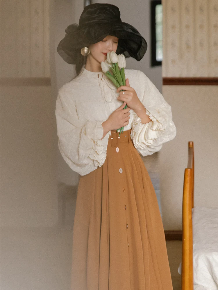 French Fashion Two Piece Skirt Set Women Spring Autumn Shirt and Long Skirts With Belt Outfits