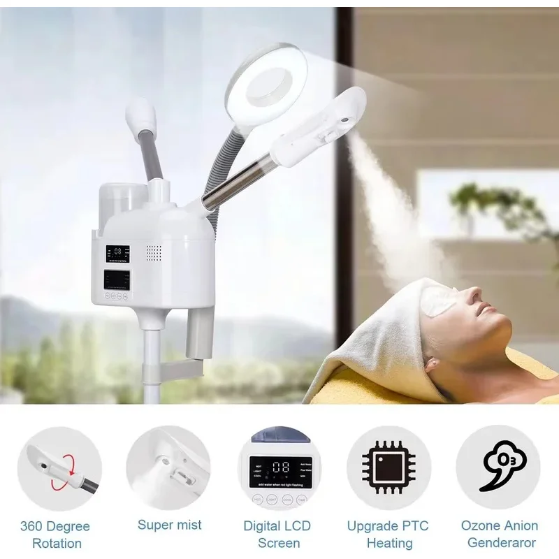 Facial Steamer Hot Cold Steam Vaporizer Ozone 3 in 1 Nano Ionic  Upgrade Humidifier With 8X LED Magnifying Lamp Beauty Salon Spa