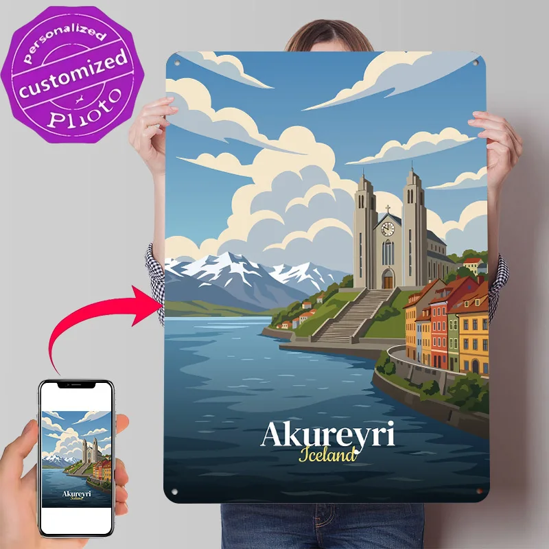Akureyri Iceland Travel 3D Texture Printed Poster Custom Vintage Metal Tin Plate Sign for Wall Art Gaming Decoration Room House