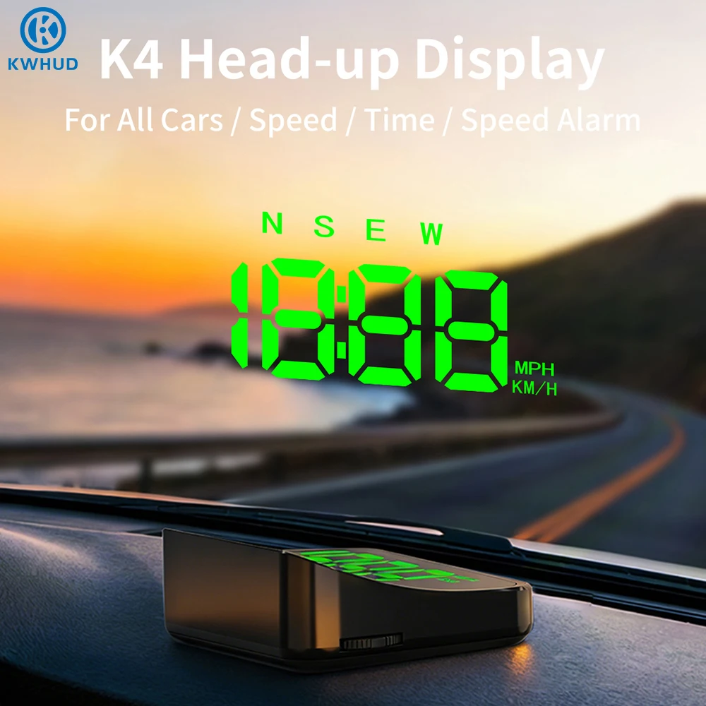 Фото Проекционный дисплей KWHUD (HUD) для автомобиля: GPS-спидометр с отображением времени и компаса, сигнализация превышения скорости (км/ч и мили/ч), автомобильные электронные аксессуары