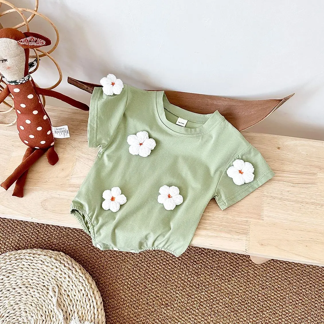 Ins Summer Baby Girls Jumpsuit Short Sleeve Romper Baby Triangle Bodysuit Cloud Love Pattern Cartoon Boys 0-18M Infant Clothes