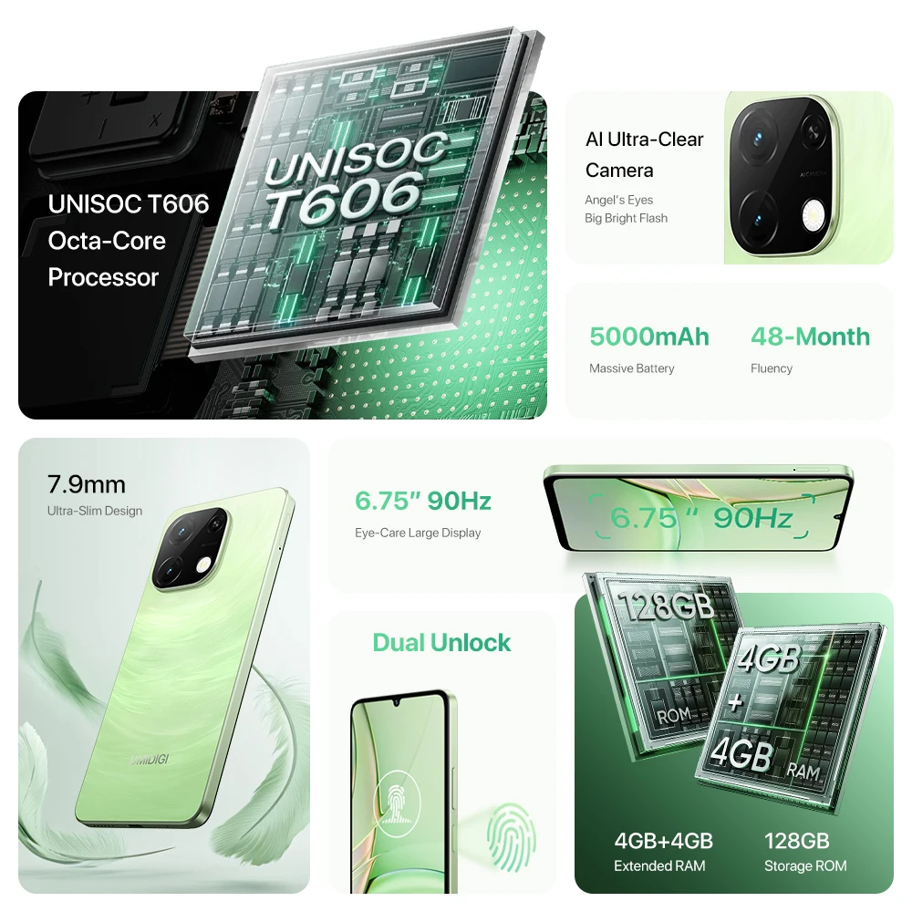 Смартфон UMIDIGI G9T Android 14 UNISOC T606, 4 ГБ, 128 ГБ, 6,75 дюйма, капля воды, HD + дисплей, камера 13 МП, аккумулятор 5000 мАч, 2 SIM-карта, мобильный телефон