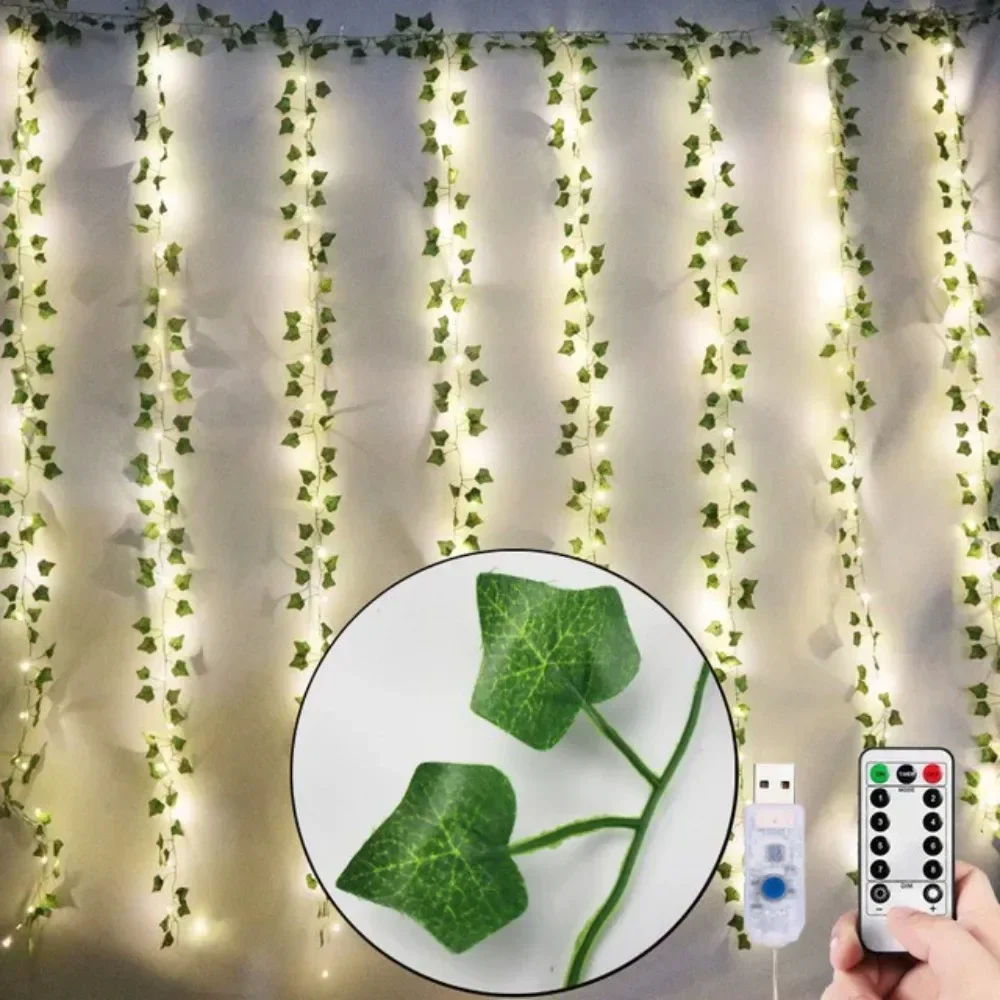

USB Christmas Fairy Lights, 3x3m Curtain Garland with Willow Leaves, Festoon LED for Window Decor, New Year Party
