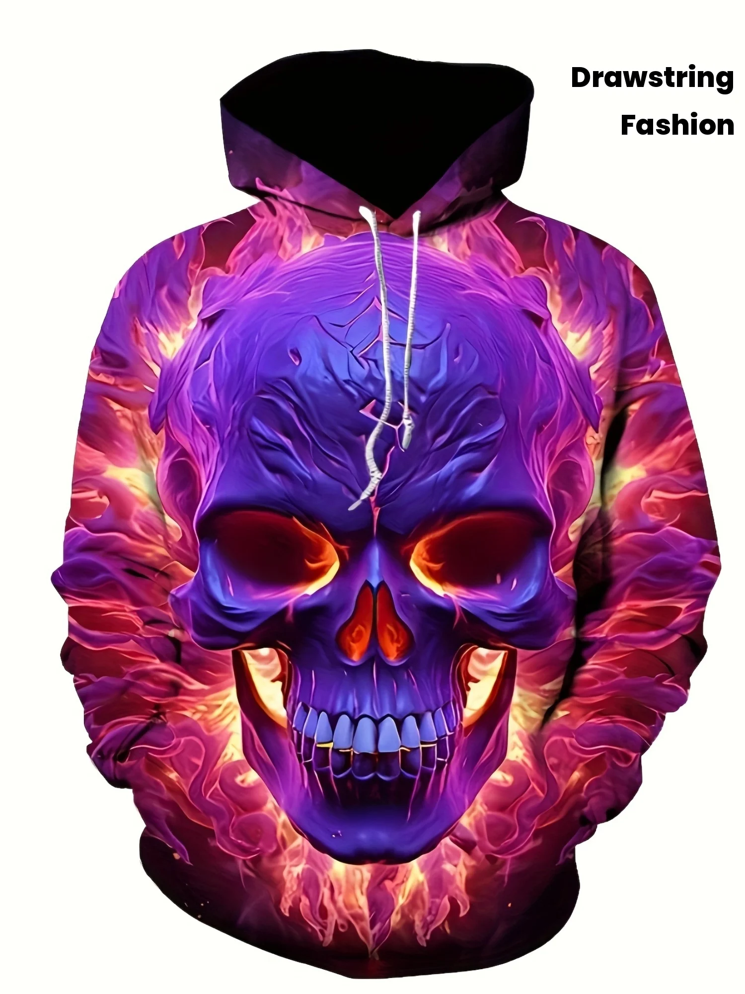 Men Purple Flame Skull All Over Print Hoodie Horror Cracked Skull Graphic Drawstring Pocket Street Sweatshirt