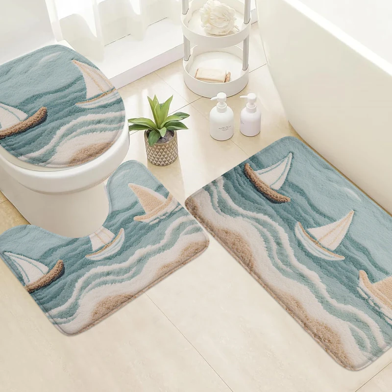 3 Stück Badezimmerteppich aus Flanell mit Meeresmotiv, U-förmiger Toilettensitzpolster, rutschfeste Badematte, Toilettentürmatte, saugfähige Fußmatte für die Dusche