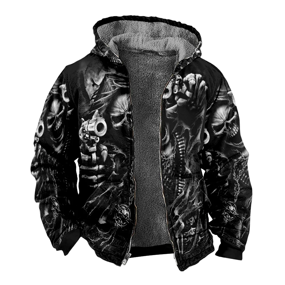 Men's Winter Jackets Coats,Black Skulls Pattern Cotton Clothes Overcoat Moisture-wicking Chic Daily